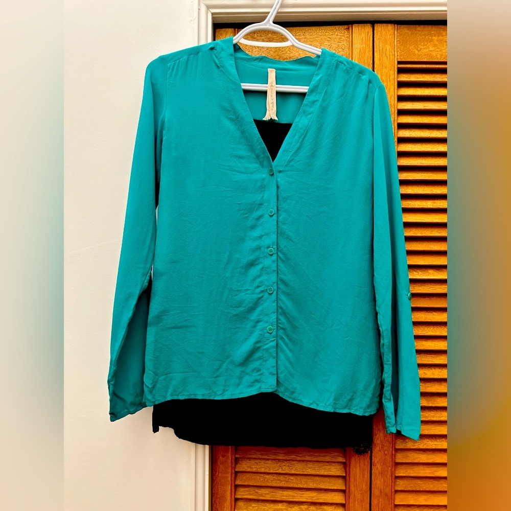 Bailey 44 Emerald Green/Black Silk Blouse Size Small